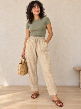 Unbranded Vintage Cotton Light Beige Embroidered Elastic-Waist Pants Medium